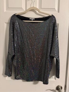white birch Black Sequin Boatneck Top with Holographic Sparkle